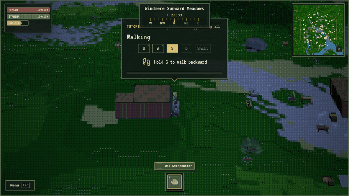 Asciilands in-game view on a grass meadow with a third-person character beside a wooden building, health, stamina and hunger bars top left, a compass and clock top centre, a minimap top right and a Walking tutorial prompt