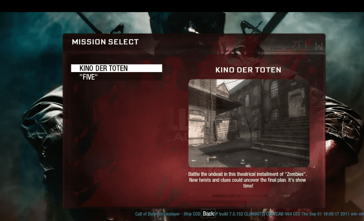 Black Ops Zombies mission-selection screen with Kino der Toten selected