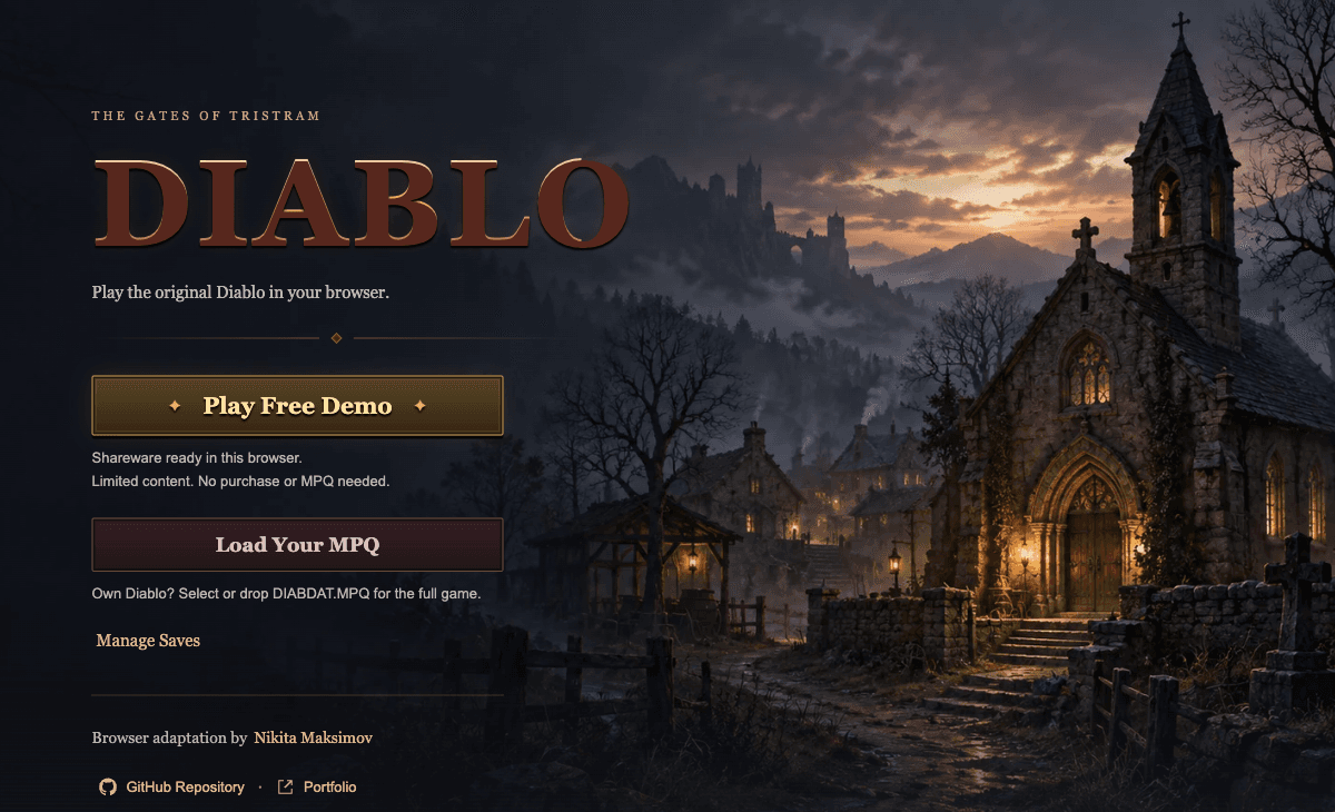 Diablo Web start page with Play Free Demo and Load Your MPQ choices