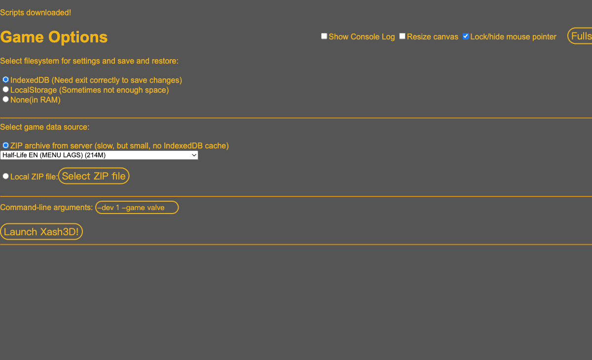 Half-Life Xash3D Game Options screen with storage and local ZIP setup