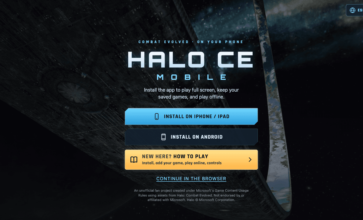Halo CE Mobile landing page with its Continue in the browser option