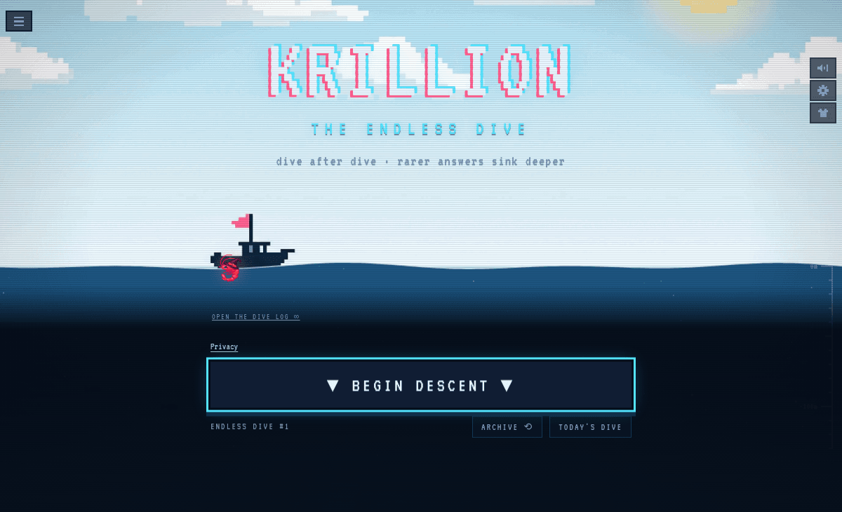 Krillion Unlimited intro screen on krillion.io with the KRILLION logo, THE ENDLESS DIVE, endless dive #1 and a Begin Descent button