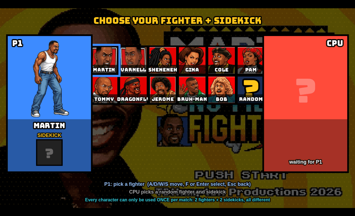 Martin No Filter Fighters fighter and sidekick select screen with Martin highlighted for player one and the CPU waiting