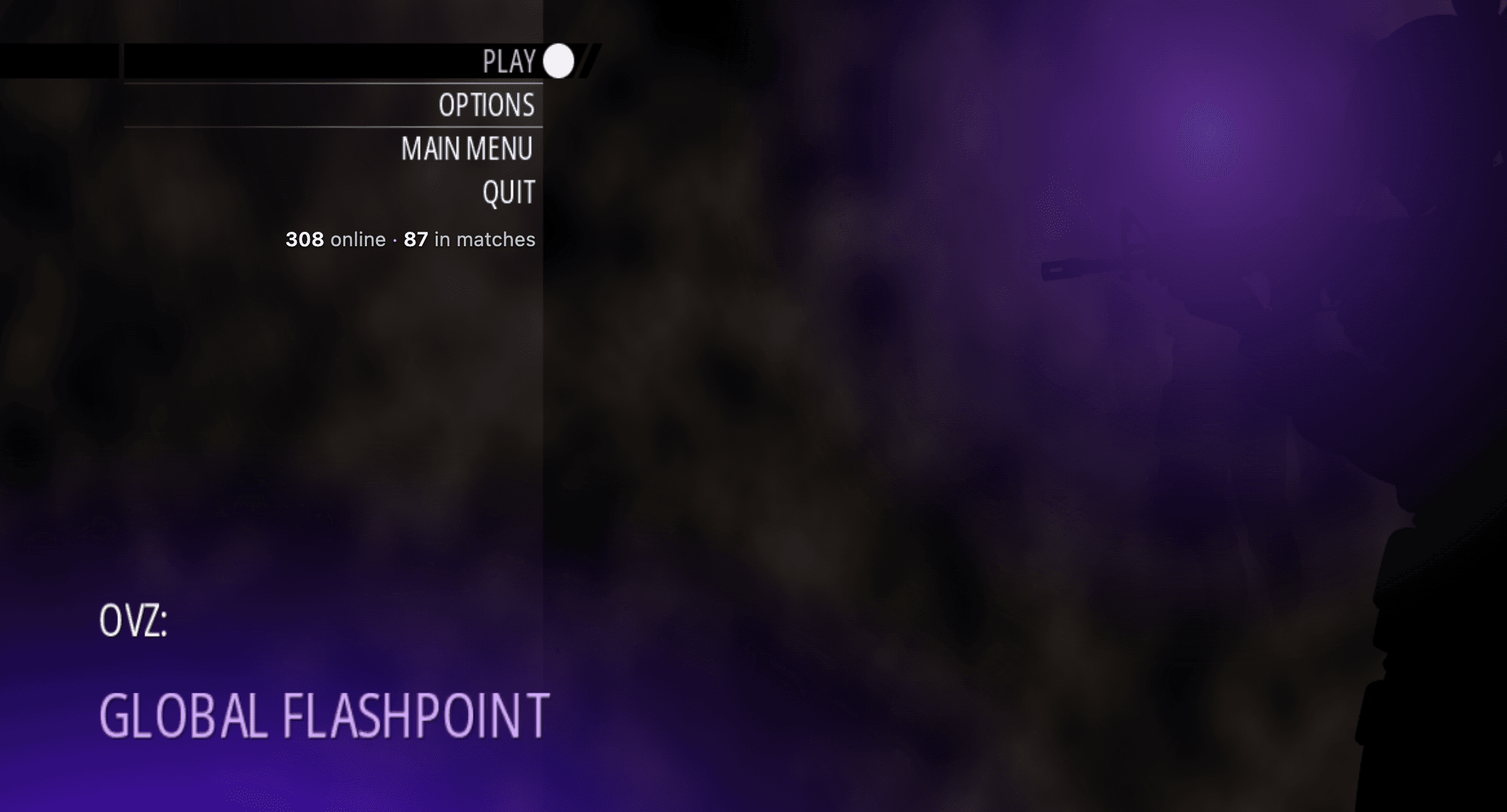 OVZ: Global Flashpoint title and original menu with Play, Options, Main Menu and Quit