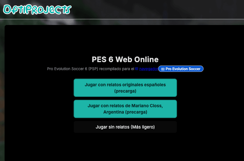 PES 6 Web Online browser launcher with three commentary choices
