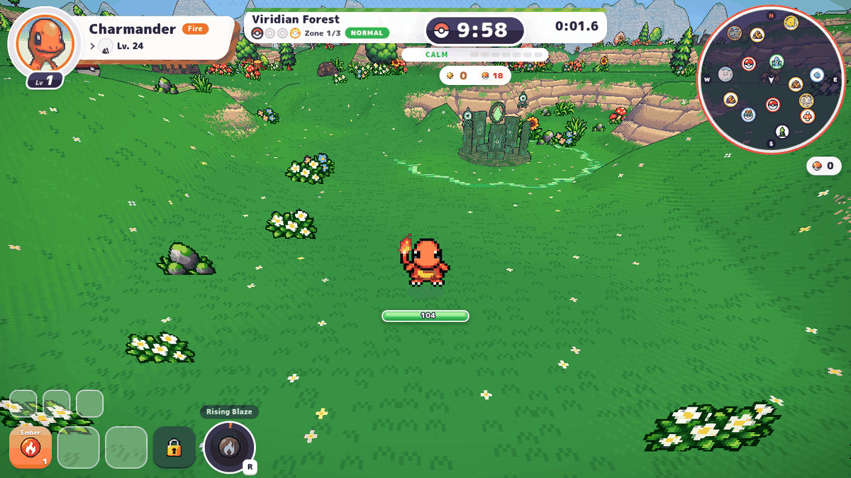 PokéBonk in-run screen with Charmander at the start of a Viridian Forest run, showing the timer, minimap, move slots and the Ultimate button Rising Blaze