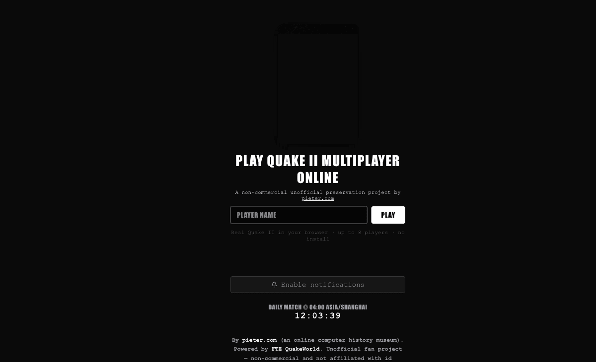 Quake II original browser start page with player-name field and Play button