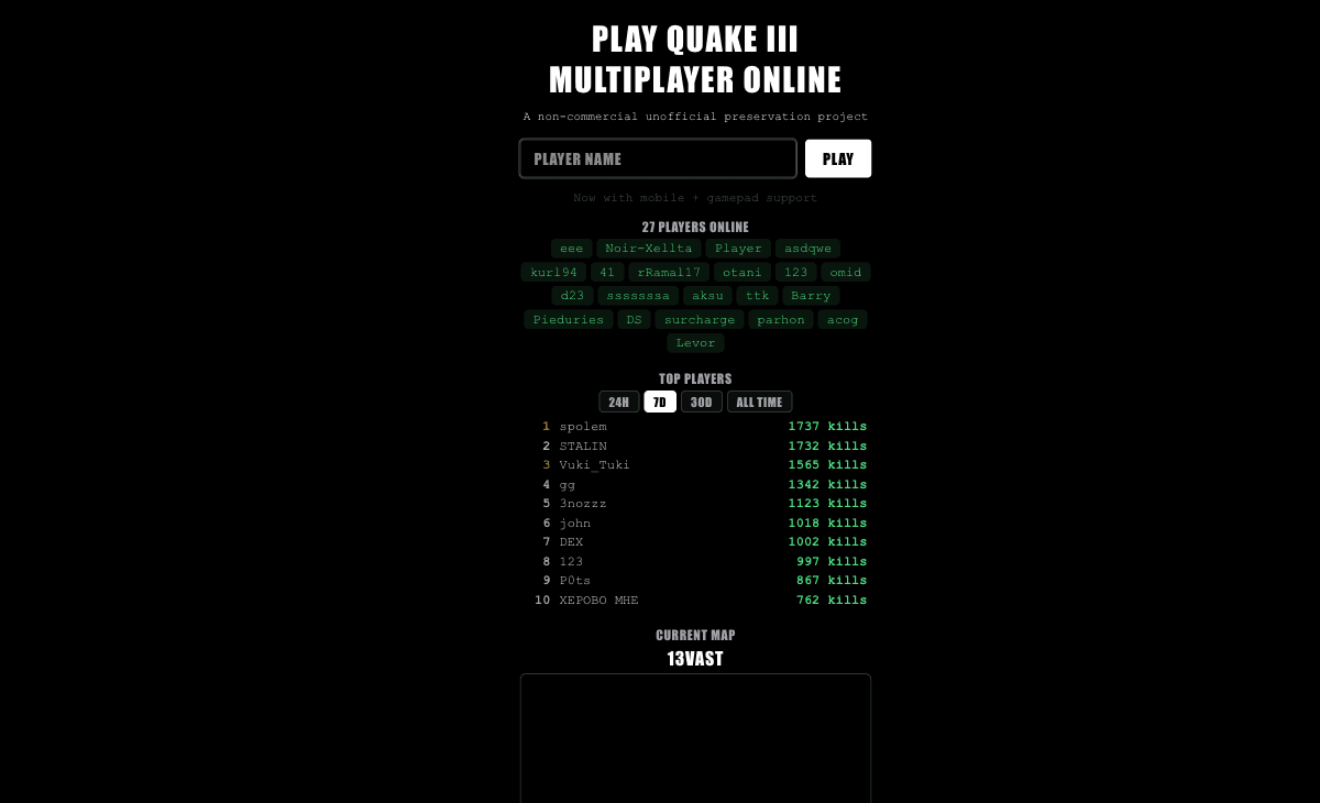 Quake III Arena browser entry with name field, Play and map information