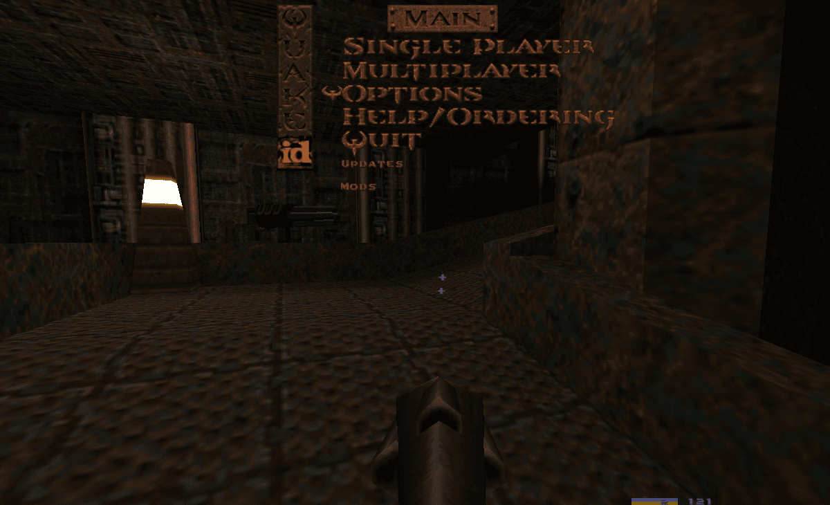 QuakeWorld main menu over a first-person game scene