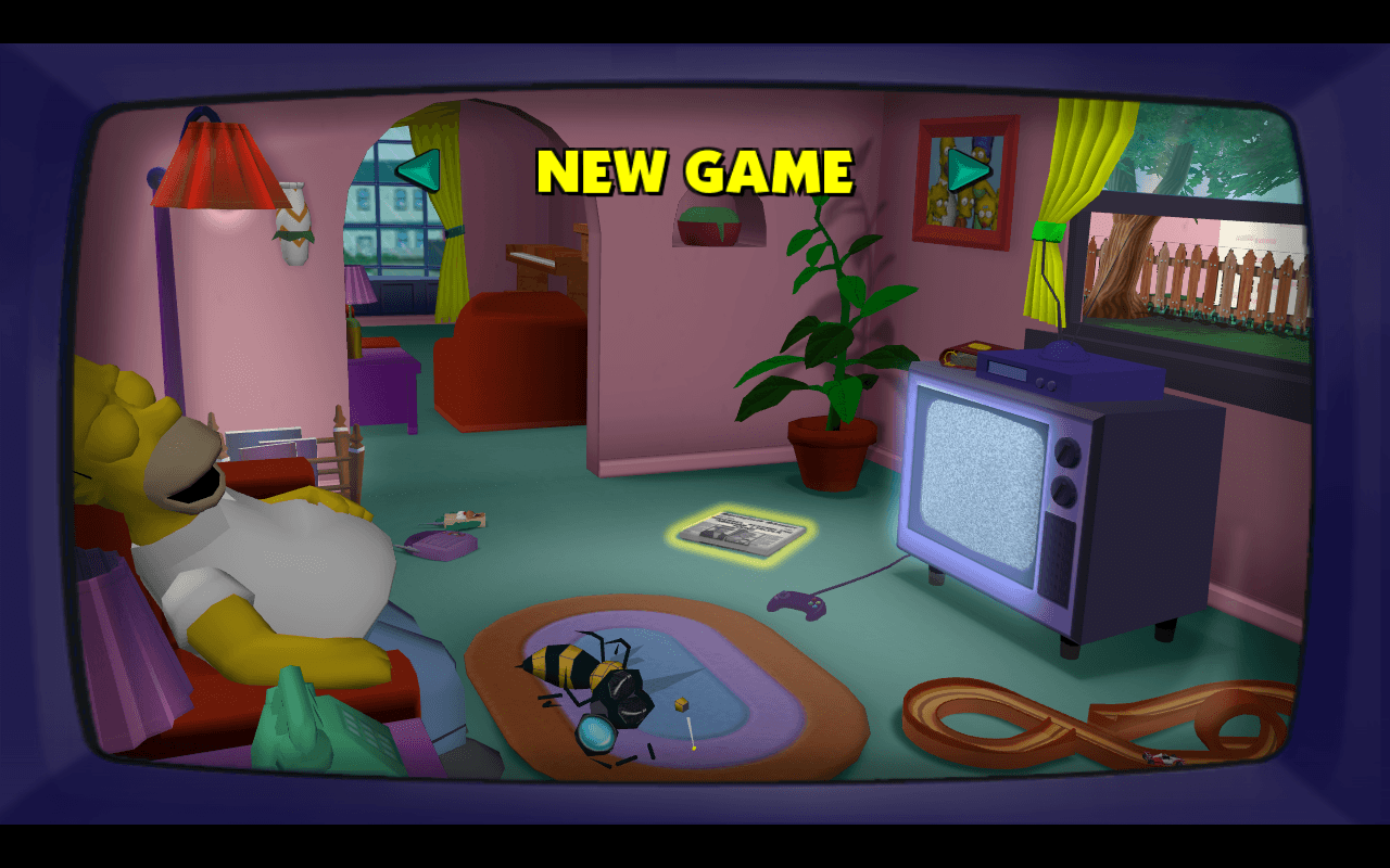 The Simpsons Hit and Run rendered New Game menu inside the Simpsons living room