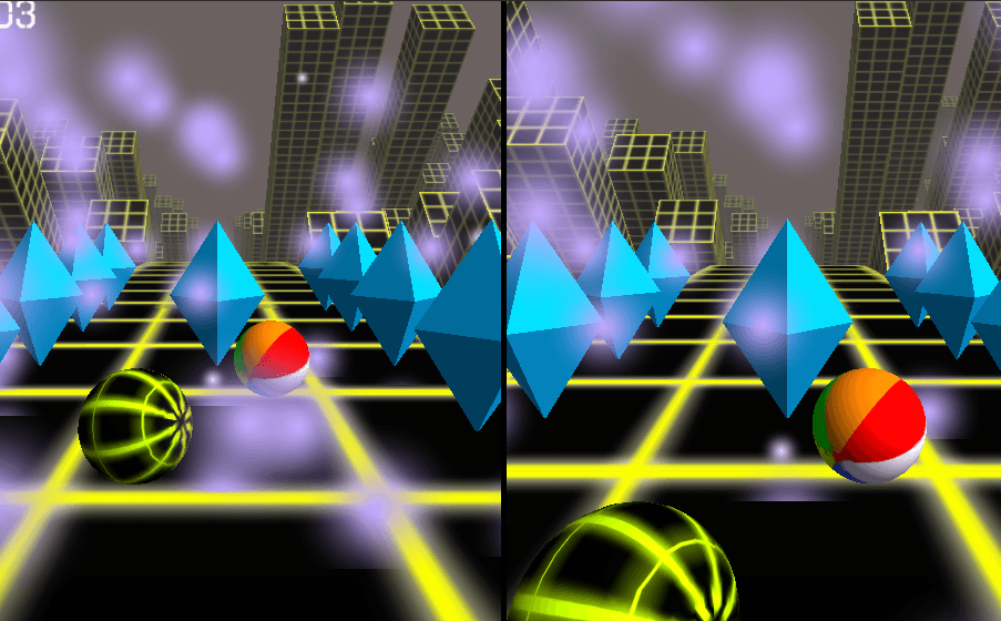 Slope 2 Players split screen on SilverGames with two balls rolling down a neon-city track, one in each half