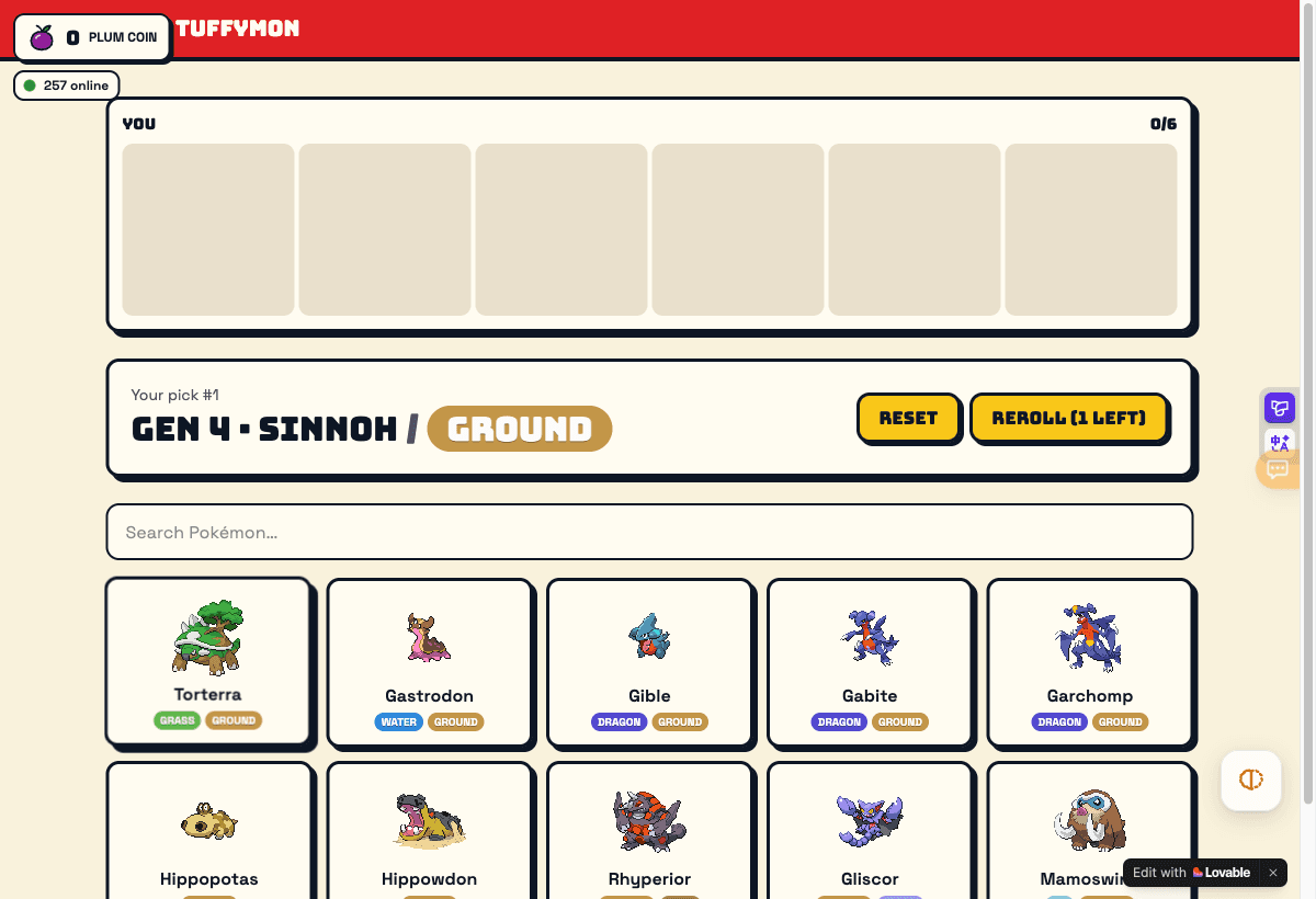 TuffyMon Normal Solo draft showing six empty team slots and Gen 4 Ground-type candidates