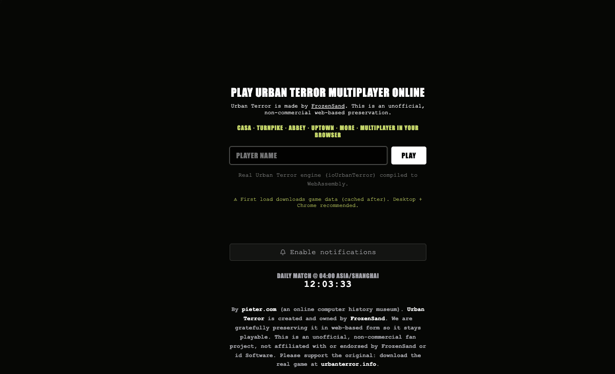 Urban Terror original browser launcher with project identity and loading notes