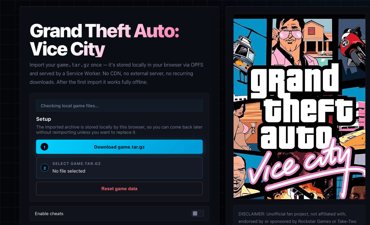 GTA Vice City browser setup with archive selection and own-copy information
