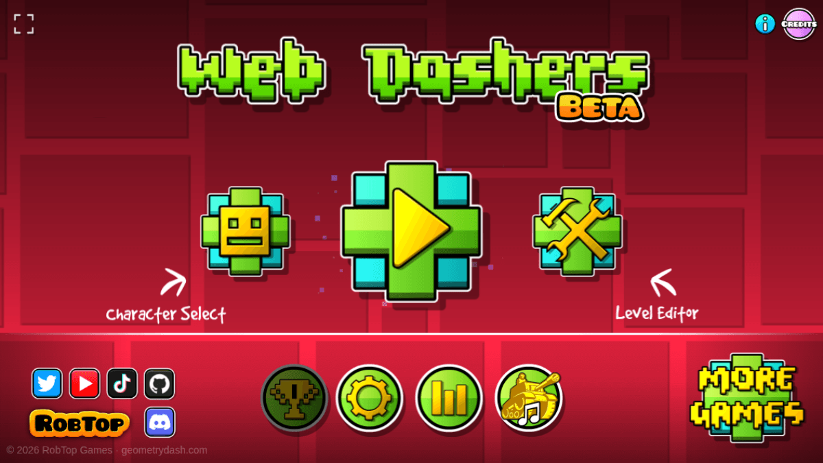 Web Dashers title screen with the Play button, Character Select, Level Editor and a BETA tag