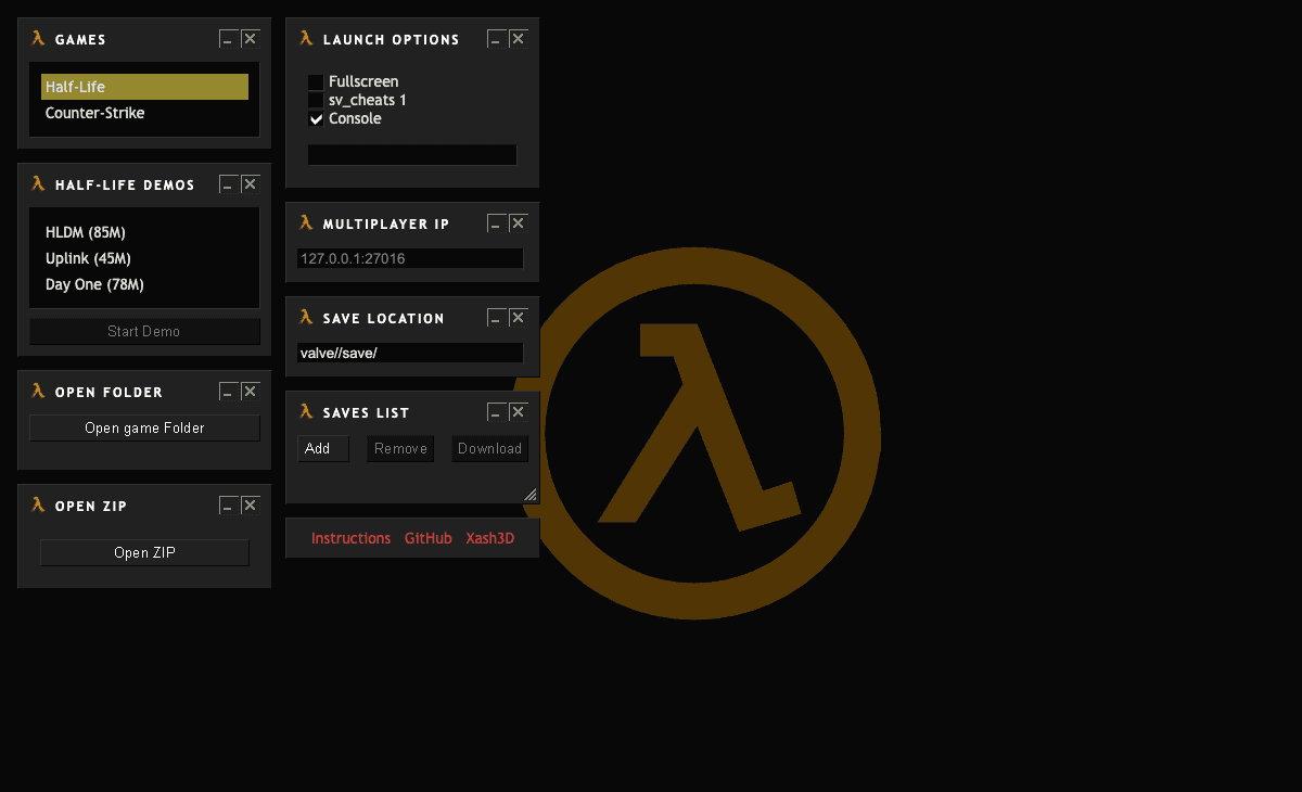 WebXash Half-Life and Counter-Strike setup interface with folder and ZIP options