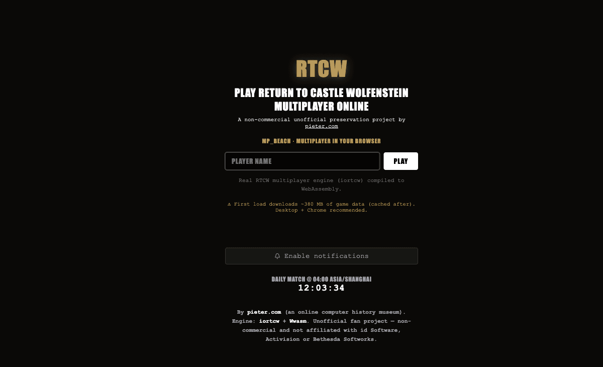 RTCW multiplayer start page showing mp_beach and the first-load warning