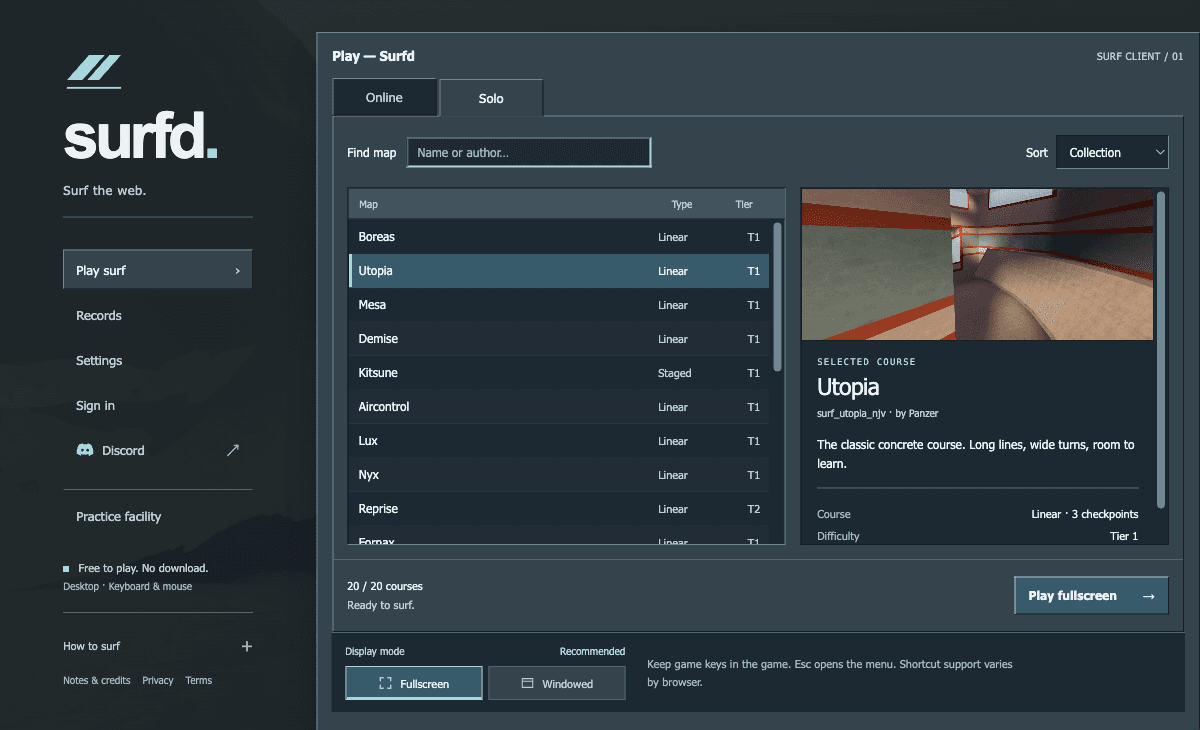 Surfd map-selection menu with Solo selected and the Utopia course